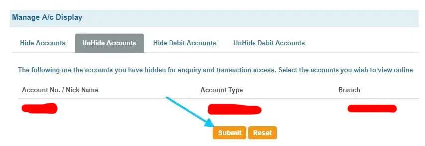 sbi manage account display submit