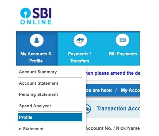 sbi my profile tab