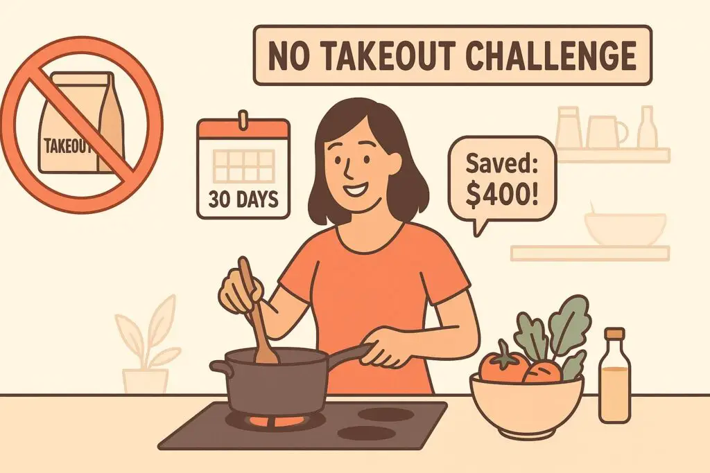 Woman cooking at home, with a crossed-out takeout bag and calendar showing "No Takeout Challenge," saved $400.