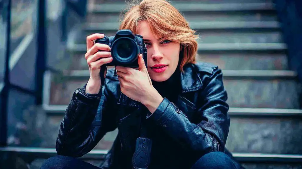 A close-up of a person holding a professional camera, composing a shot in an outdoor setting for photography.