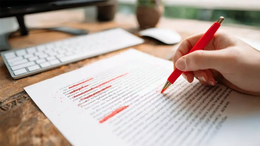 Proofreader's hand with red pen making corrections on a document; desk with computer in background.