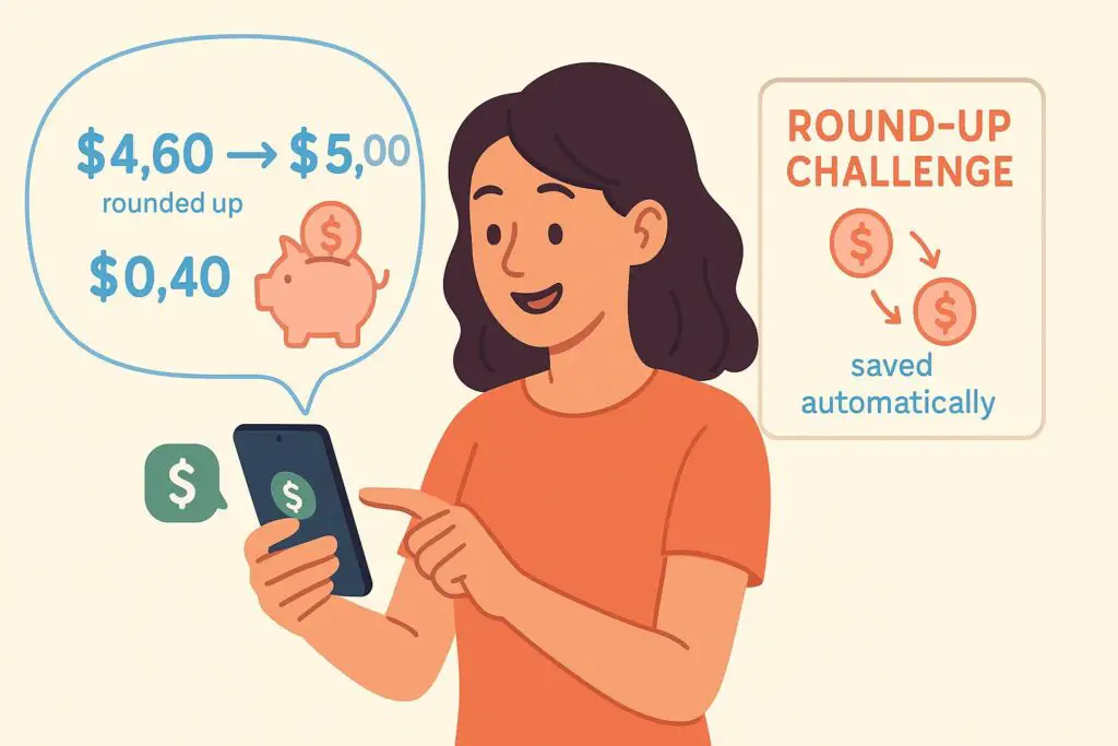 Woman using phone showing a transaction rounded up, with change going to a piggy bank icon for a "Round-Up Challenge."