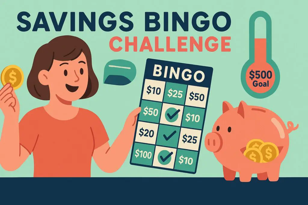 Woman holds a coin and a "Savings Bingo Challenge" card with marked amounts, next to a piggy bank.