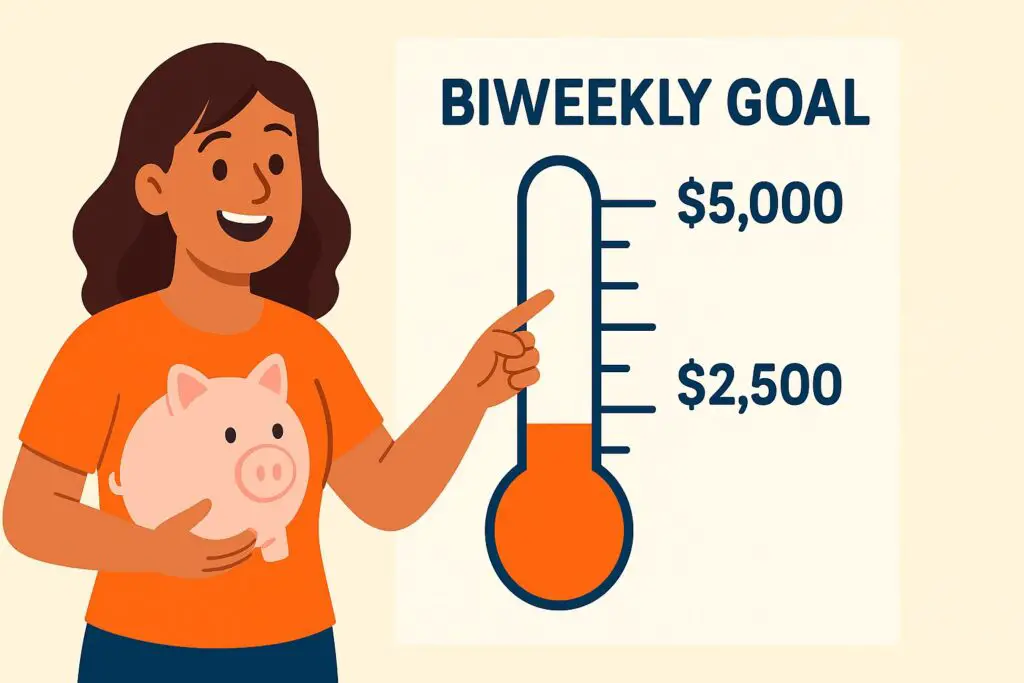 Woman holding pink piggy bank pointing to biweekly savings goal chart with thermometer tracker showing $2,500 and $5,000 milestones