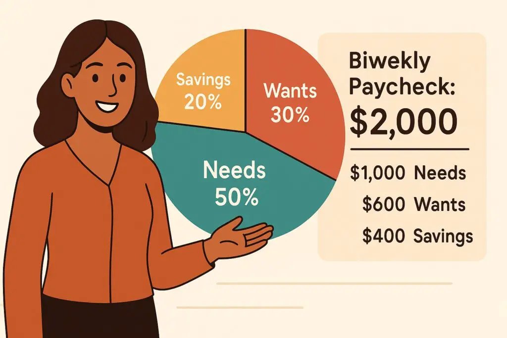 Woman standing beside pie chart showing 50% needs, 30% wants, 20% savings with $2,000 biweekly paycheck breakdown example