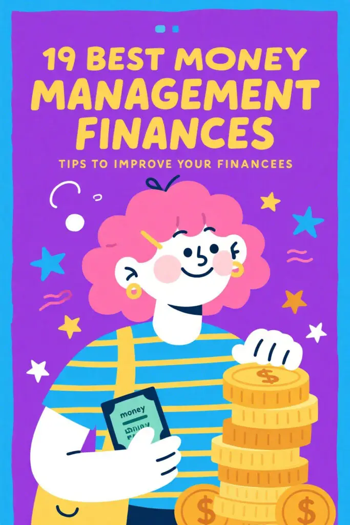 19 Best Money Management Tips To Help Improve Your Finances 1 Cartoon of a smiling, pink-haired woman holding a stack of dollar bills, on a vibrant purple background with sparkles.