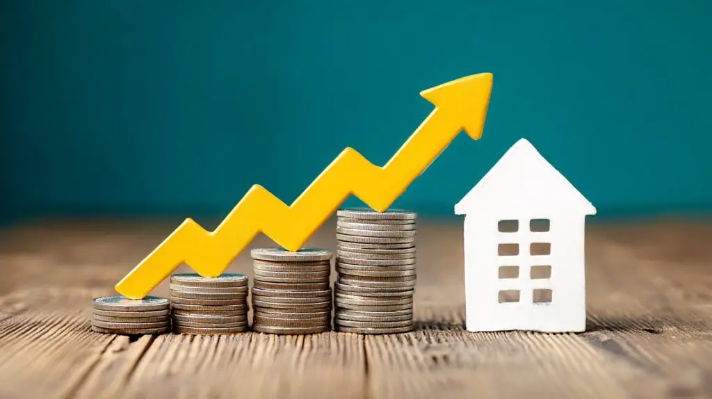 What Is Real Estate Investment? 3 Coin stacks and a yellow upward arrow leading to a white house icon on a wooden surface, symbolizing financial growth in real estate.