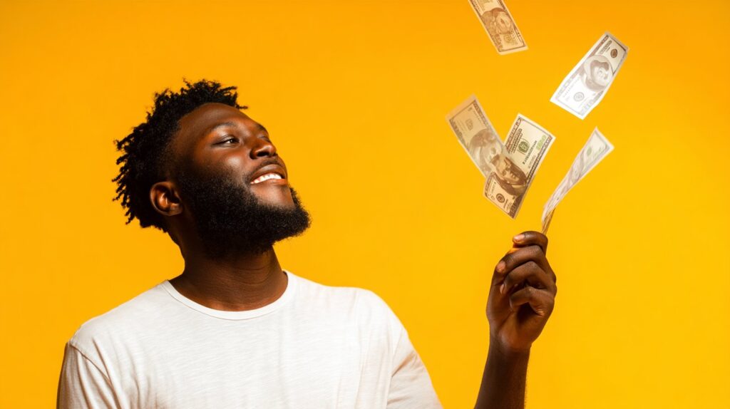 The Most Powerful Ways To Save Money That Experts Don't Want You To Know 1 Person with short dark curly hair and a beard, in a white t-shirt, throwing US dollar bills into the air against a yellow background.