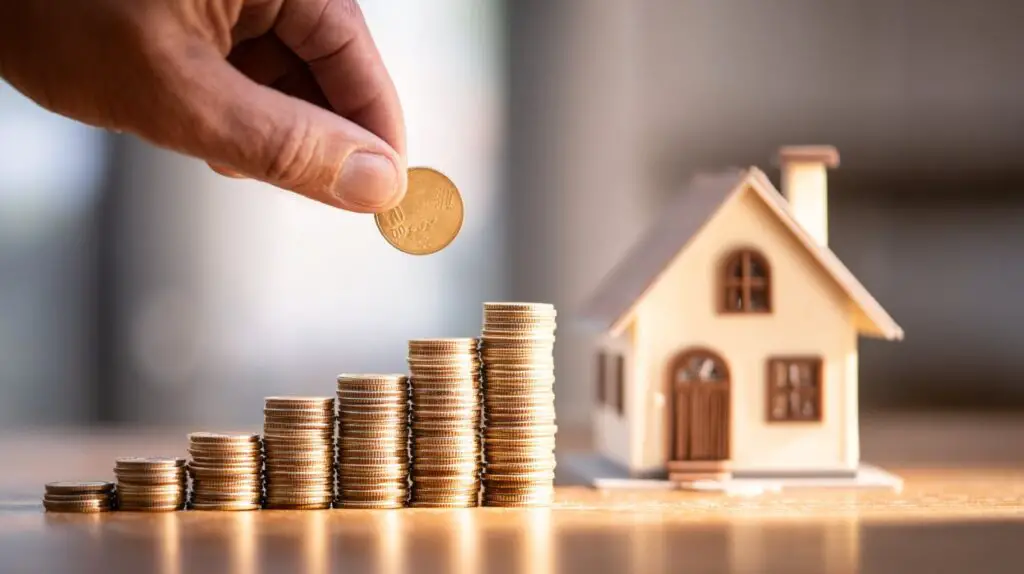 What Is Real Estate Investment? 1 A hand places a gold coin on stacks, with a blurred model house in the background, symbolizing saving for a home.