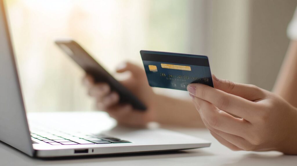 The Most Powerful Ways To Save Money That Experts Don't Want You To Know 2 A hand prominently holding a dark blue credit card, with a blurred hand holding a smartphone and a laptop in the background.