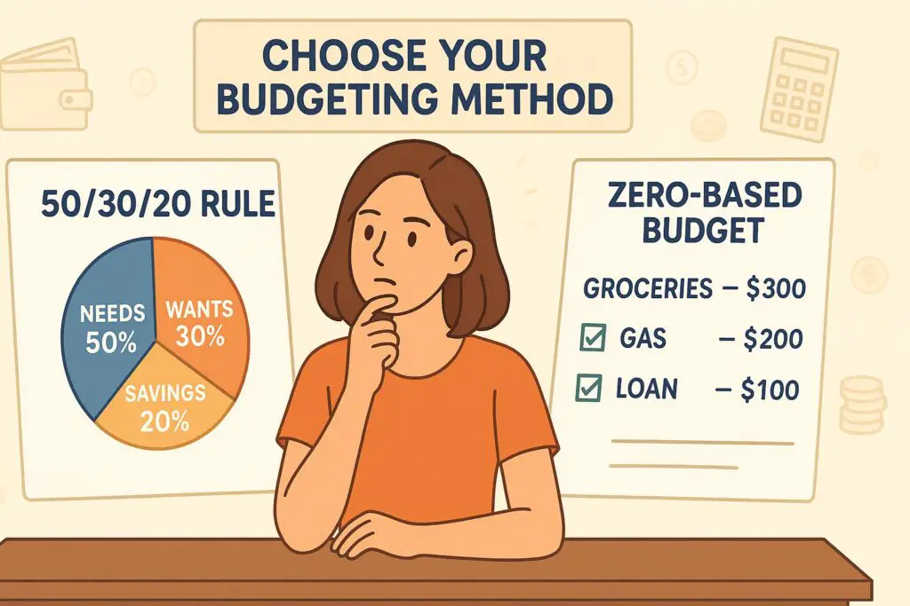 Woman at a desk with two large budgeting charts: a "50/30/20 Rule" pie chart and a "Zero-Based Budget" checklist.