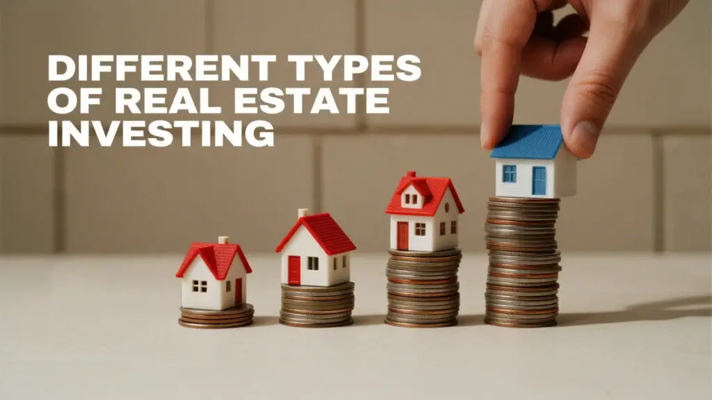 What Is Real Estate Investment? 2 Infographic "DIFFERENT TYPES OF REAL ESTATE INVESTING" with three red-roofed and one blue-roofed model houses on coin stacks.