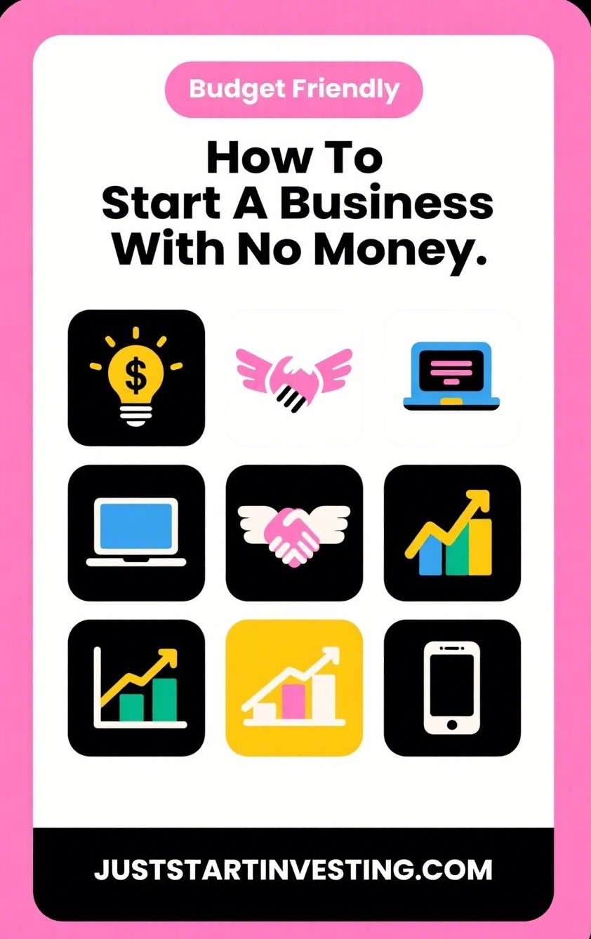 How To Start A Business With No Money 1 Infographic on starting a business with no money, includes 6 business icons and pink layout.