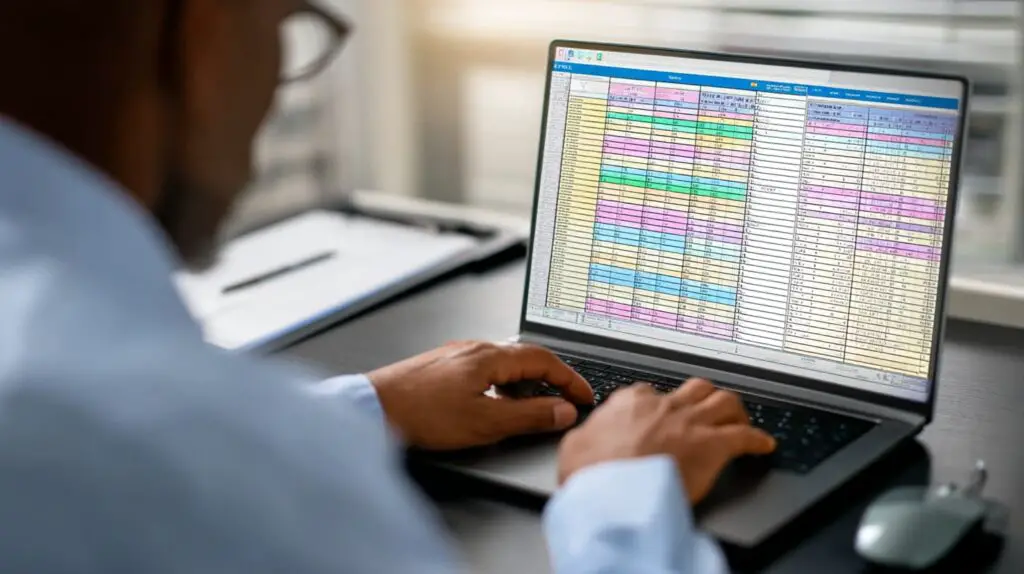 Person in a blue shirt and glasses typing on a laptop displaying color-coded spreadsheets with two additional monitors.