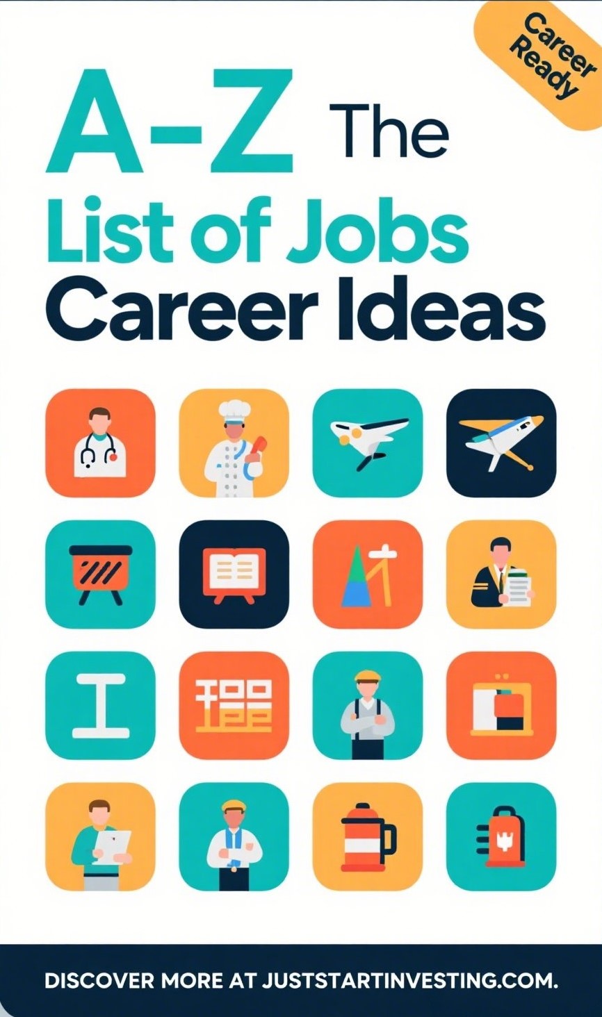 List Of Jobs Career Ideas 1 A-Z job career ideas infographic with six job icons and pink-themed layout.