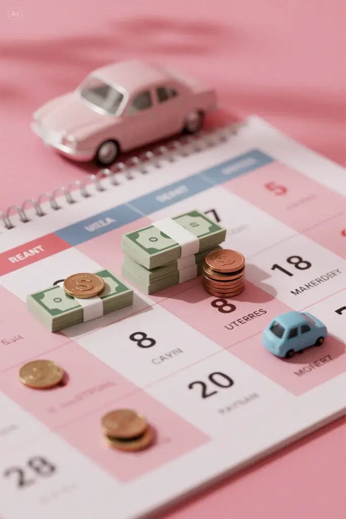 Illustration of a monthly calendar with bills like rent, utilities, and car payments divided into weekly amounts, with small stacks of cash placed on each week, pastel pink background with soft highlights.