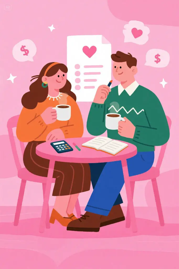 Couple sitting at a table with coffee mugs, notebook, and calculator, having an open and calm discussion about finances, symbolizing trust and transparency.