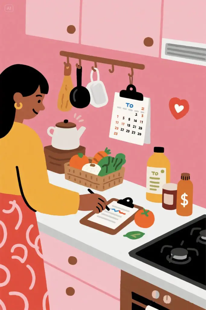 7 Most Effective No Spend Challenge Ideas 2 Person organizing groceries and essentials in a kitchen while marking a checklist on a clipboard, with a calendar showing marked days in the background, pastel pink backdrop with soft highlights.