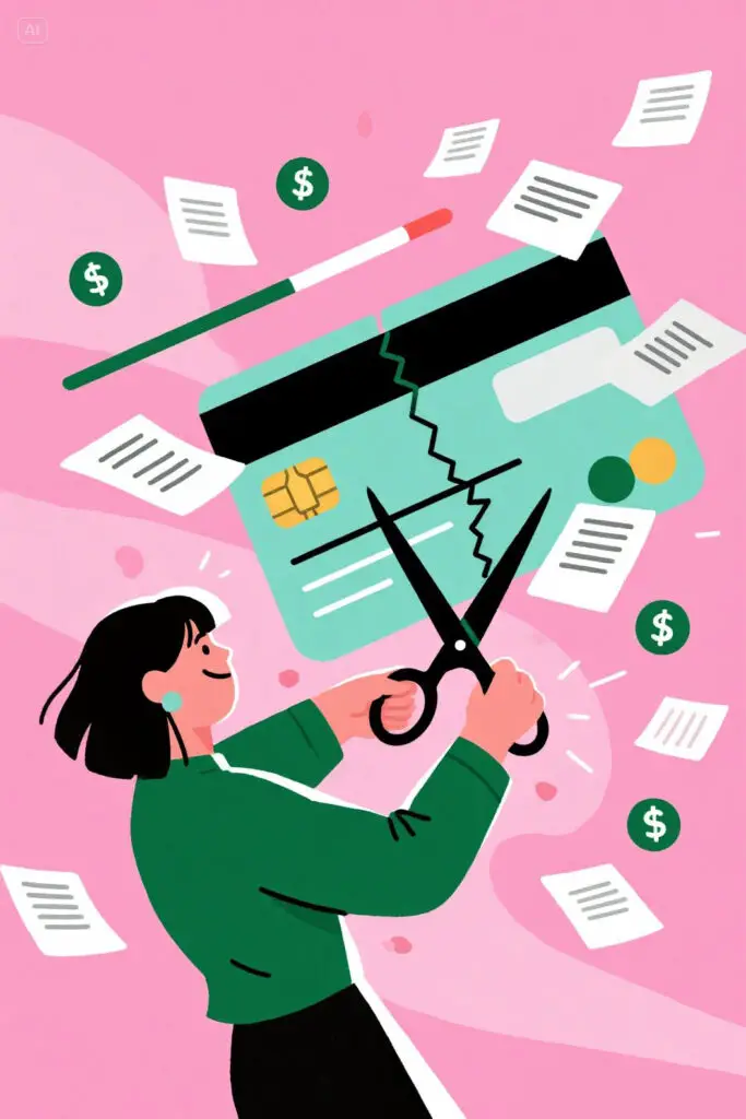 A woman cutting a giant credit card in half with scissors, as loan documents and bills dissolve into dust. The pastel pink background features bright green dollar icons and a glowing progress bar, symbolizing freedom from debt.