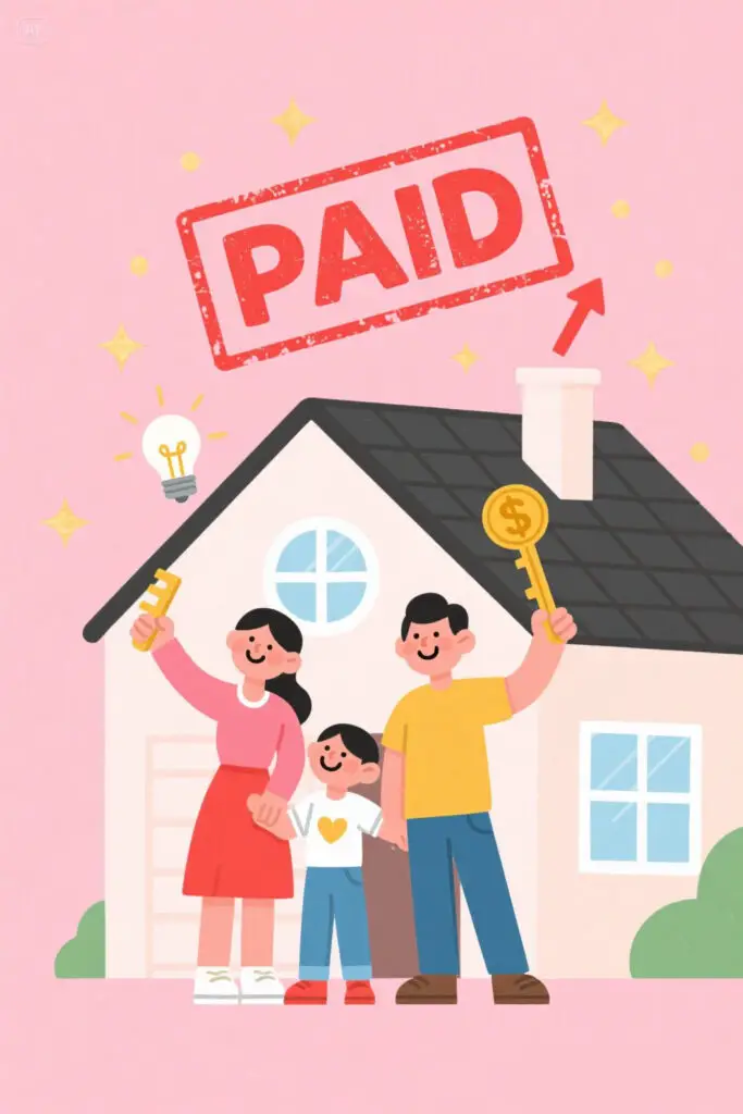 A smiling family stands in front of their cozy home with a bold red “PAID” stamp across the roof. The pastel pink background includes golden sparkles and upward arrow highlights, representing security and financial freedom.