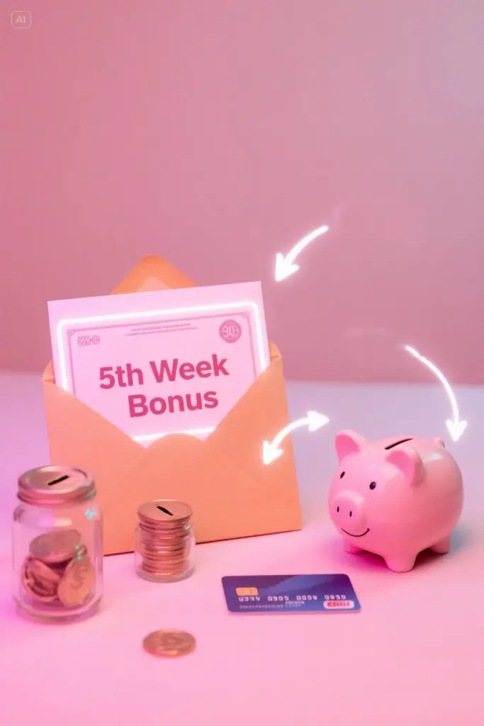 Paycheck envelope labeled “5th Week Bonus” glowing beside savings jars, a piggy bank, and a credit card, with arrows showing money moving into savings and debt, pastel pink background with bright highlights.