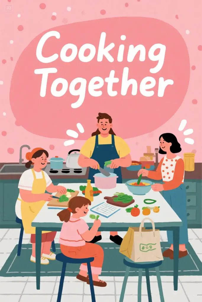 A family of five is cooking together in a cozy kitchen. Parents and children prepare vegetables and unpack groceries from a reusable shopping bag. A meal planner and grocery list are visible on the counter, with a pastel pink background and soft highlights.