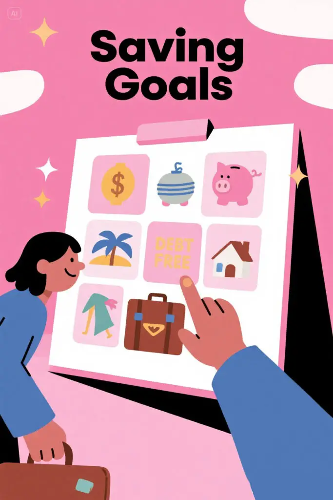 Illustration of a person standing in front of a vision board filled with financial icons like a piggy bank, house, suitcase, and debt-free sign, on a pastel pink background with highlight accents, symbolizing setting clear financial goals.