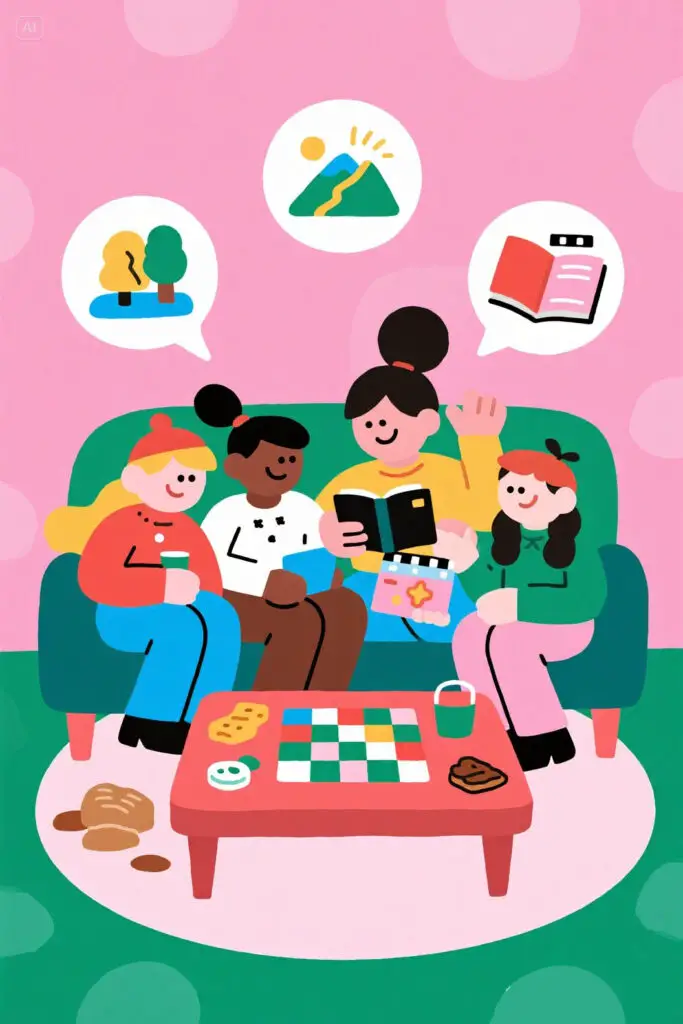 7 Most Effective No Spend Challenge Ideas 3 Group of friends enjoying a board game night at home with snacks and laughter, with faint icons of hiking, books, and movies floating in the background on a pastel pink highlighted backdrop.