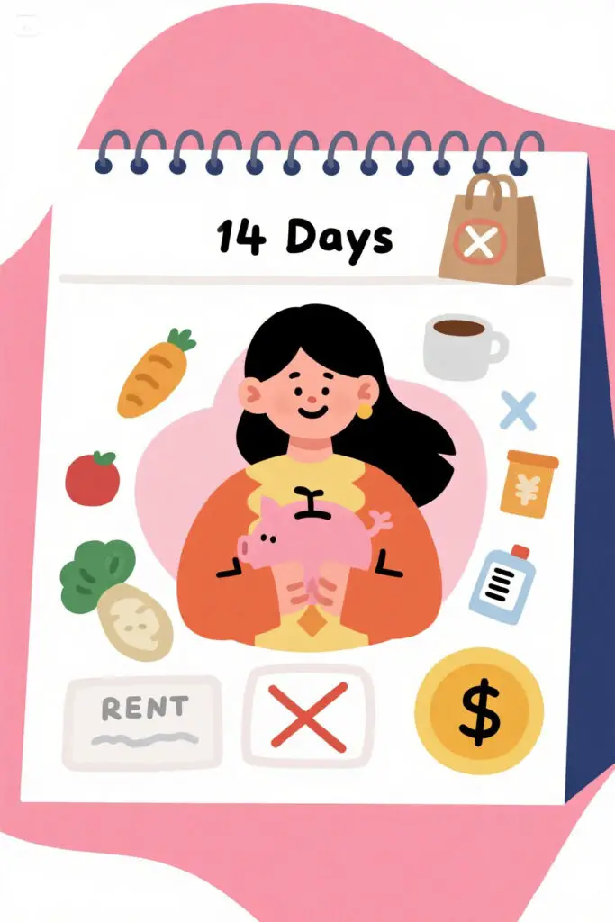 Illustration of a woman smiling while holding a piggy bank, set against a pastel pink background. A calendar marked “14 Days” is displayed, with icons of shopping bags, coffee cups, and takeout meals crossed out. Around her, icons for essentials like groceries, rent, utilities, and bills are highlighted.