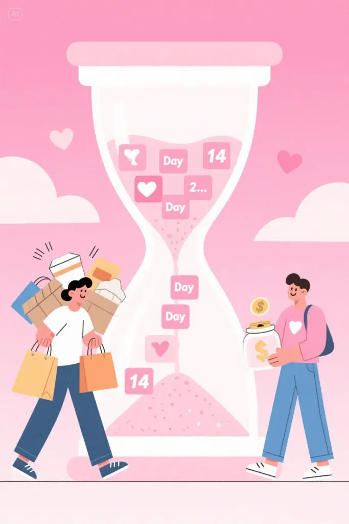 Illustration of a large hourglass with 14 blocks of sand, each labeled for a day in the two-week challenge. On the left side, a person appears stressed carrying shopping bags and takeout boxes. On the right side, the same person looks calm and happy holding a savings jar. Background in soft pastel pink with light highlights.