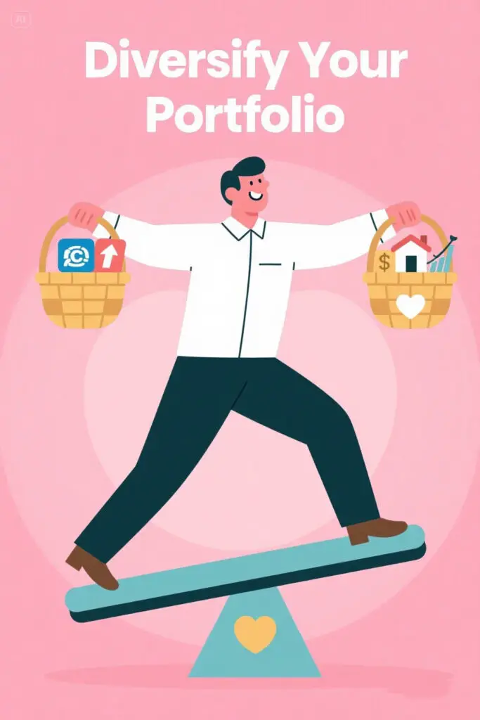 A flat vector illustration of a man balancing on a seesaw holding two baskets, one filled with stock icons and arrows, the other with bonds, ETFs, and a small house for real estate. The pastel pink background with highlights emphasizes balance and smart investing.
