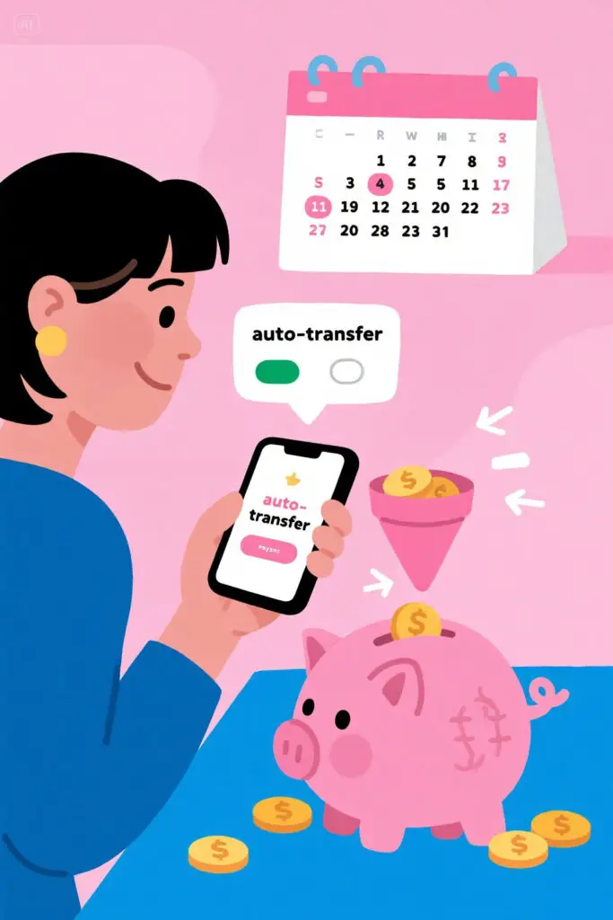 How To Be Great At Investment For Future 6 Flat digital illustration of a woman enabling auto-transfer on her phone while coins flow automatically into a piggy bank. A calendar with recurring marks is shown in the background, symbolizing consistency. Soft pastel pink background for a simple and reliable investing mood.