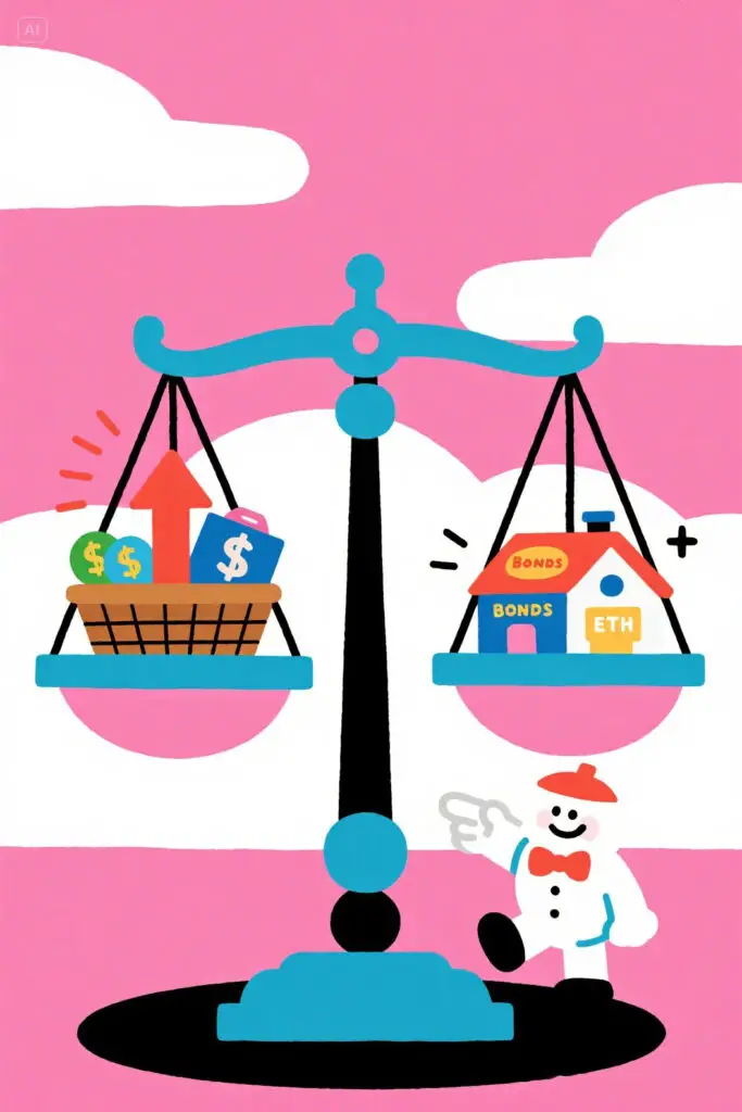 How To Be Great At Investment For Future 5 Flat digital illustration of a balanced scale with stocks on one side and bonds, real estate, and ETFs on the other. A smiling character points to the scale, symbolizing diversification. Pastel pink background with a calm, positive investing theme.