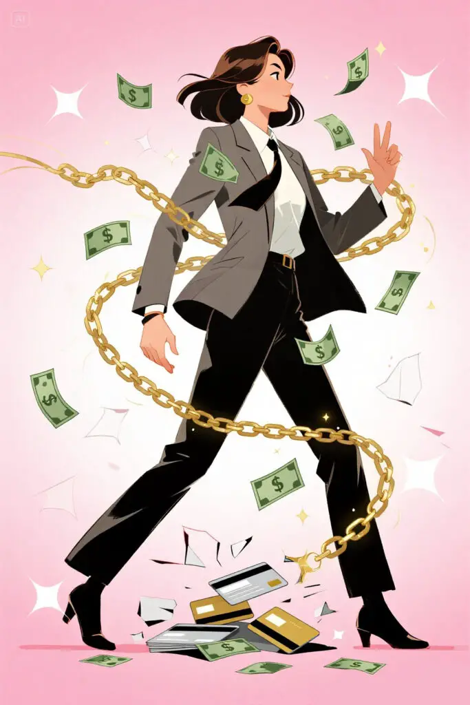 Flat illustration on a pastel pink background showing a person breaking free from chains inside an open jail cell labeled “Debt.” The individual walks toward an open path with bright light, symbolizing freedom and financial independence.