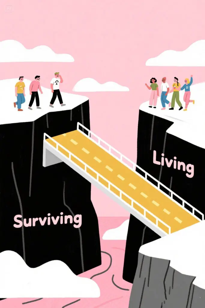 Minimalist flat illustration on a pastel pink background showing a bridge connecting two cliffs — one side labeled “Surviving” with stressed, tired figures and the other side labeled “Living” with relaxed, happy people. A golden path runs across the bridge, symbolizing financial independence.