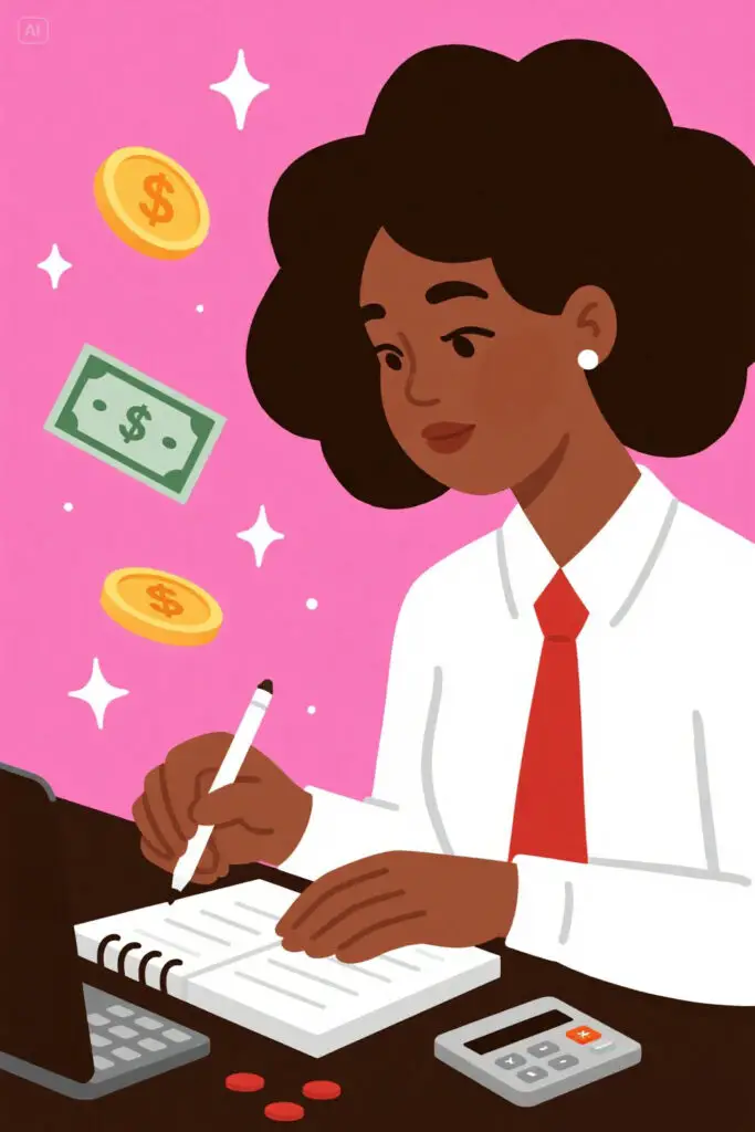 The Ultimate Financial Planning Black Women 101 2 A Black woman sits at a desk with a laptop, calculator, and notebook, reviewing her income and expenses. Icons of coins, bills, and a credit card float around her on a pastel pink background with glowing highlights.
