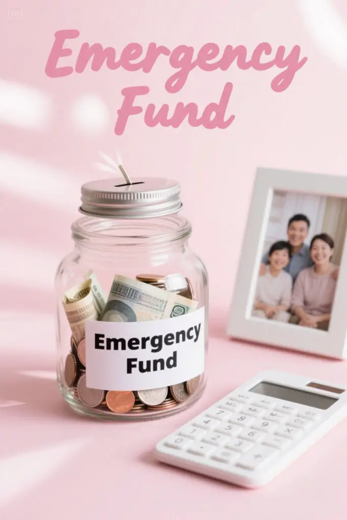 A glass jar labeled “Emergency Fund” filled with coins and bills sits beside a calculator and a family photo frame. A glowing safety shield icon appears in the background, set against a pastel pink backdrop with highlights.