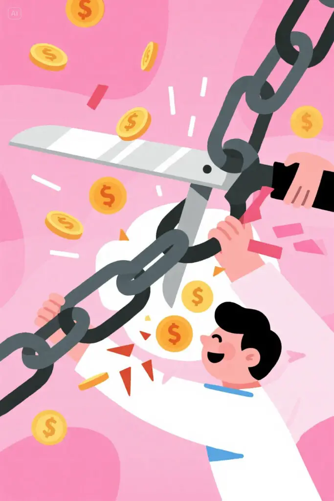 Minimalist illustration of a person cutting a chain made of dollar signs, representing freedom from debt. The broken chain pieces transform into floating coins. Pastel pink background with bright highlight effects.