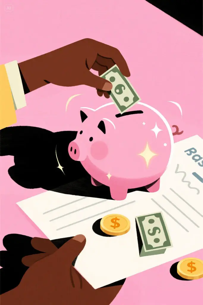 Digital illustration of a person putting money into a glowing piggy bank first, with a smaller stack of bills left for expenses, symbolizing saving before spending. Pastel pink background with soft highlight accents.