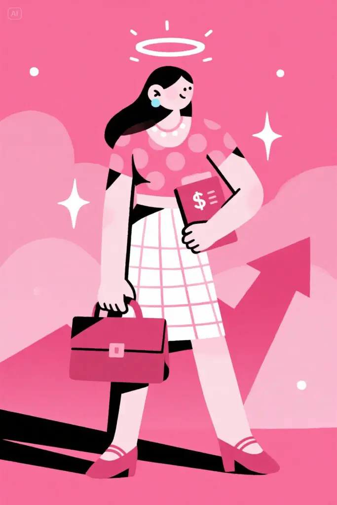 Illustration of a confident woman standing tall on a pastel pink background, holding a briefcase with a rising financial growth chart behind her, glowing highlights symbolizing strength and empowerment.