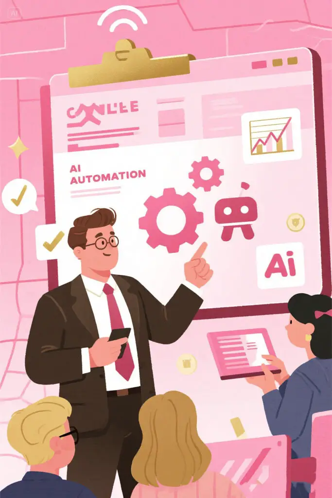 Illustration of a consultant explaining AI automation tools to business clients on a pastel pink and golden background, symbolizing innovation and modern startup technology.
