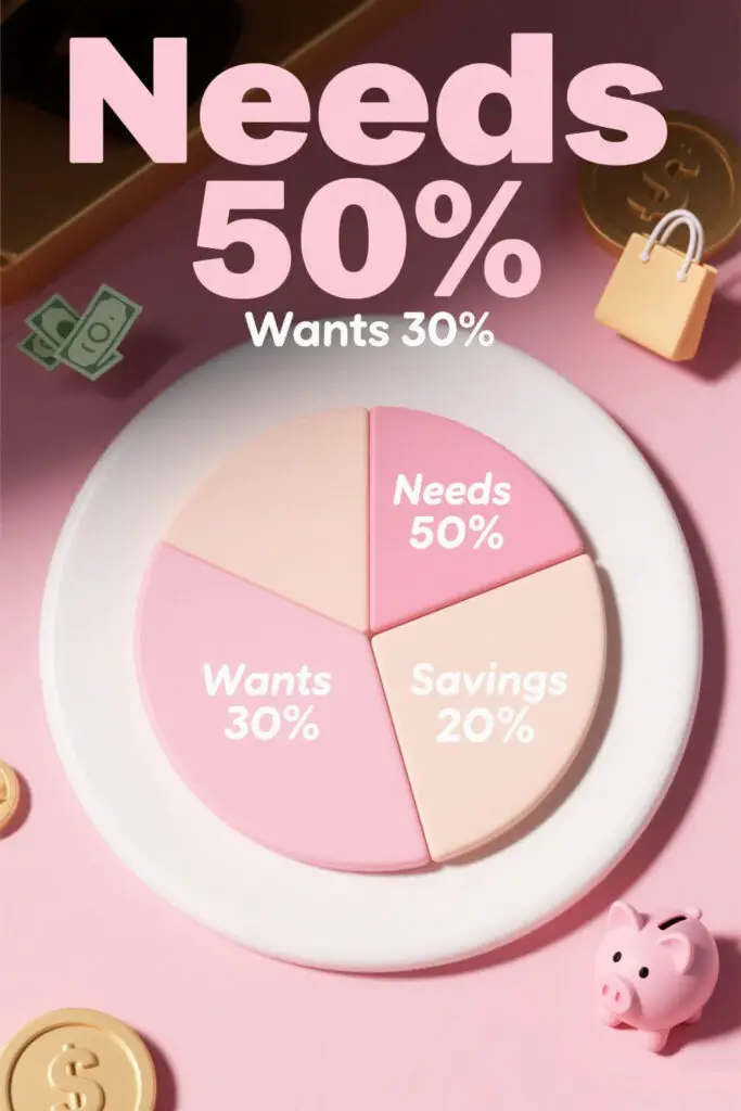 $10,000 Savings Strategy 2 Illustration of a 50/30/20 budgeting pie chart on a pastel pink background showing income division for needs, wants, and savings with soft golden highlights symbolizing financial balance and planning.