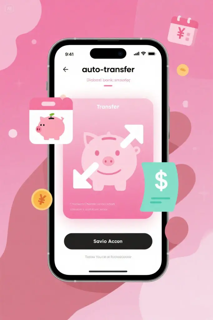 How To Budget Your Money 15 A digital banking concept showing a smartphone screen with auto-transfer arrows moving money into a savings account, surrounded by icons of a piggy bank, calendar, and bills. Gentle glow effect on a pastel pink background with highlights.