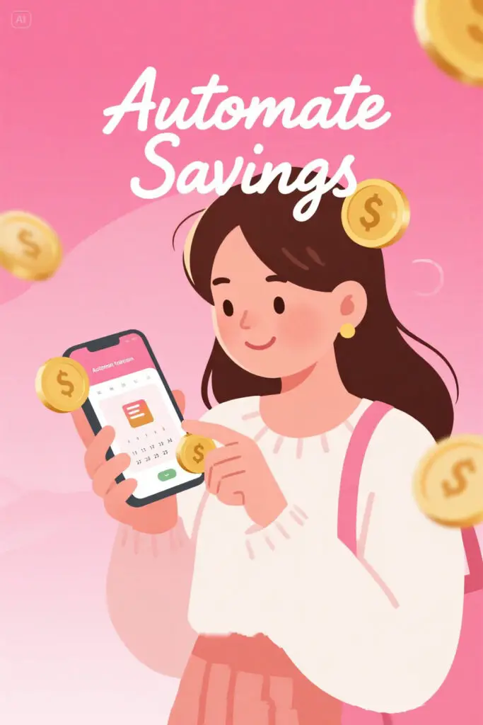 Illustration of a woman checking her phone with automatic savings transfer notification, representing effortless money management and consistent saving habits on a pastel pink and golden background.