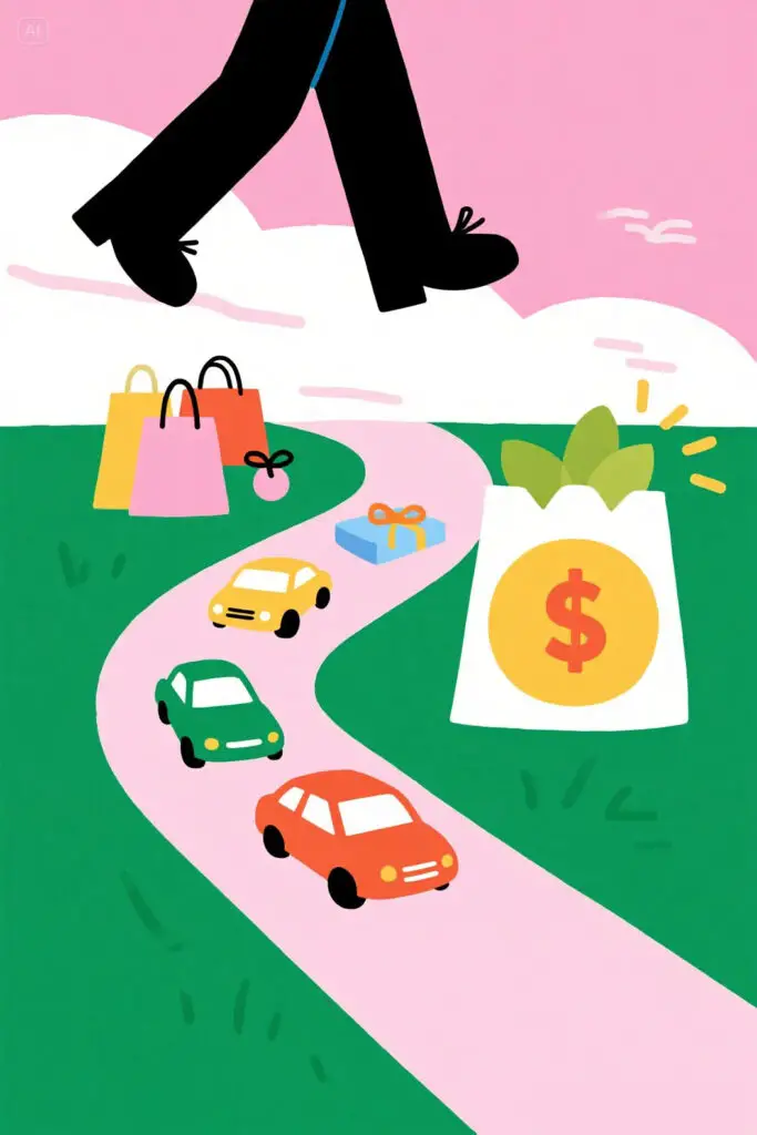 Illustration of two paths—one with luxury spending on cars and shopping bags, and the other showing savings and investments growing—on a pastel pink background with soft highlights.