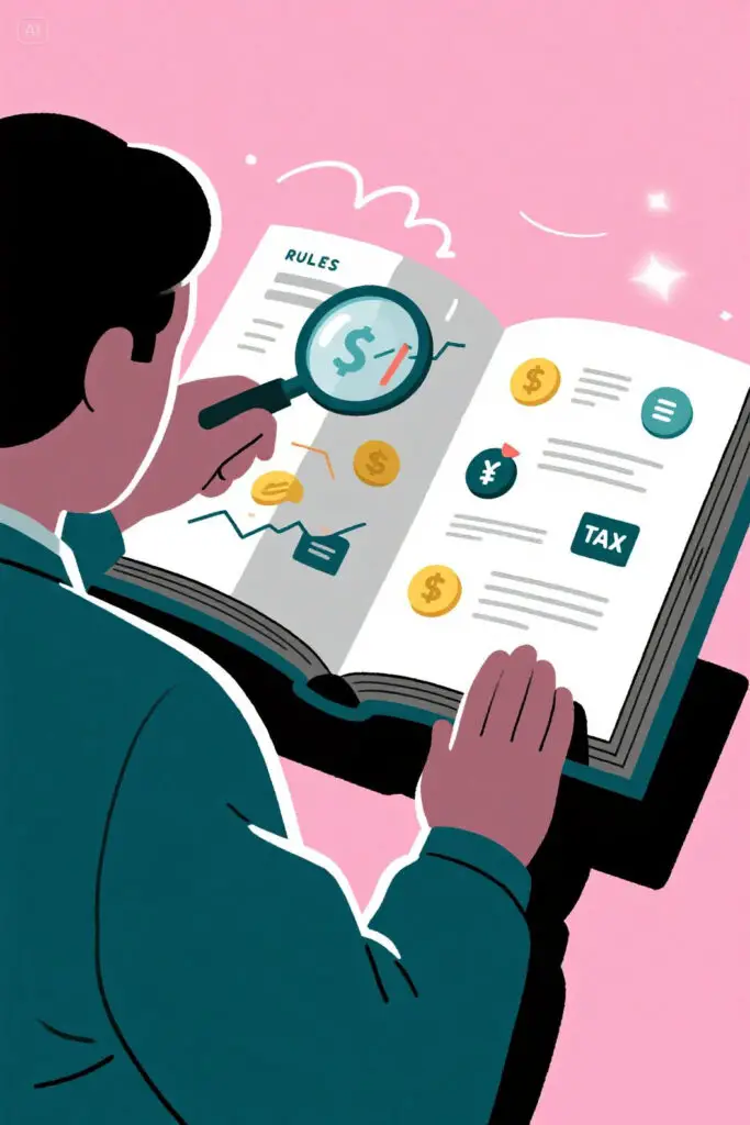 Illustration of a person reading a large open book filled with financial icons like coins, stocks, and tax symbols, with a magnifying glass highlighting the pages, on a pastel pink background with glowing highlights.