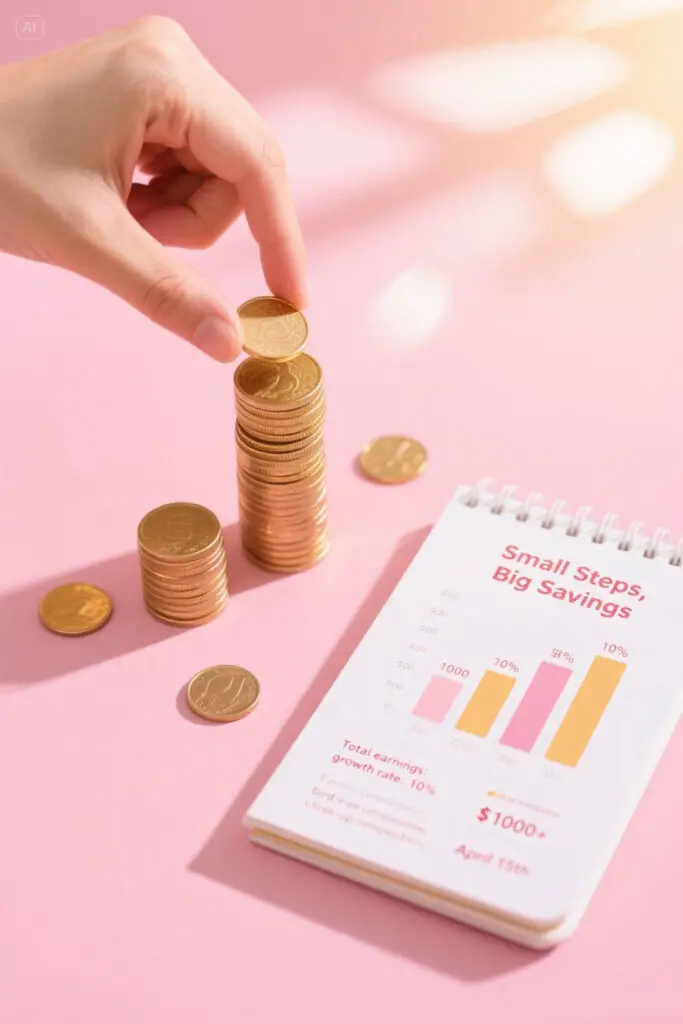 A hand stacking coins beside a rising bar chart on a pastel pink and golden background, representing small, consistent steps toward completing the $1000 savings challenge.