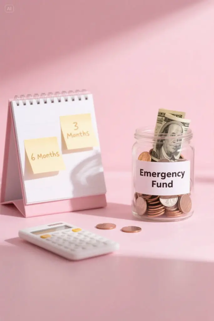 Saving Goals 2025 2 Clear jar labeled “Emergency Fund” with coins, planner, and calculator on a pastel pink background with golden highlights, symbolizing steady financial preparation and saving for emergencies.