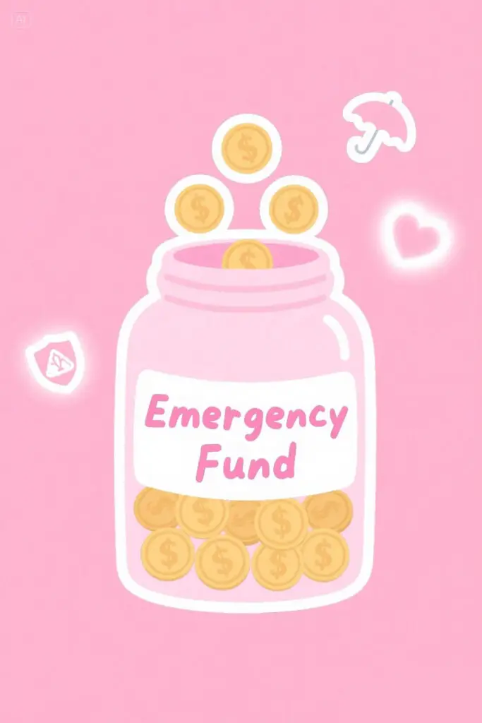Transparent jar labeled “Emergency Fund” filled with coins, surrounded by shield, umbrella, and heart icons, glowing softly on a pastel pink background with highlights.