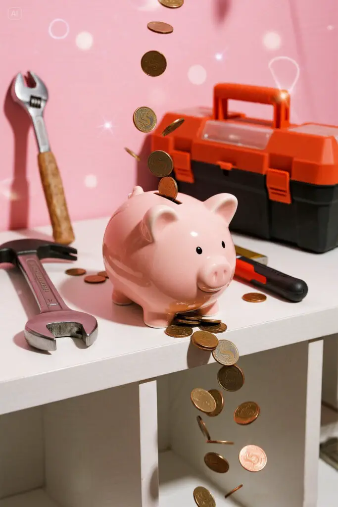 The Best Ever Budgeting Tips For New Homes 3 Piggy bank with coins and small tools beside it, symbolizing saving money for unexpected home repair costs.